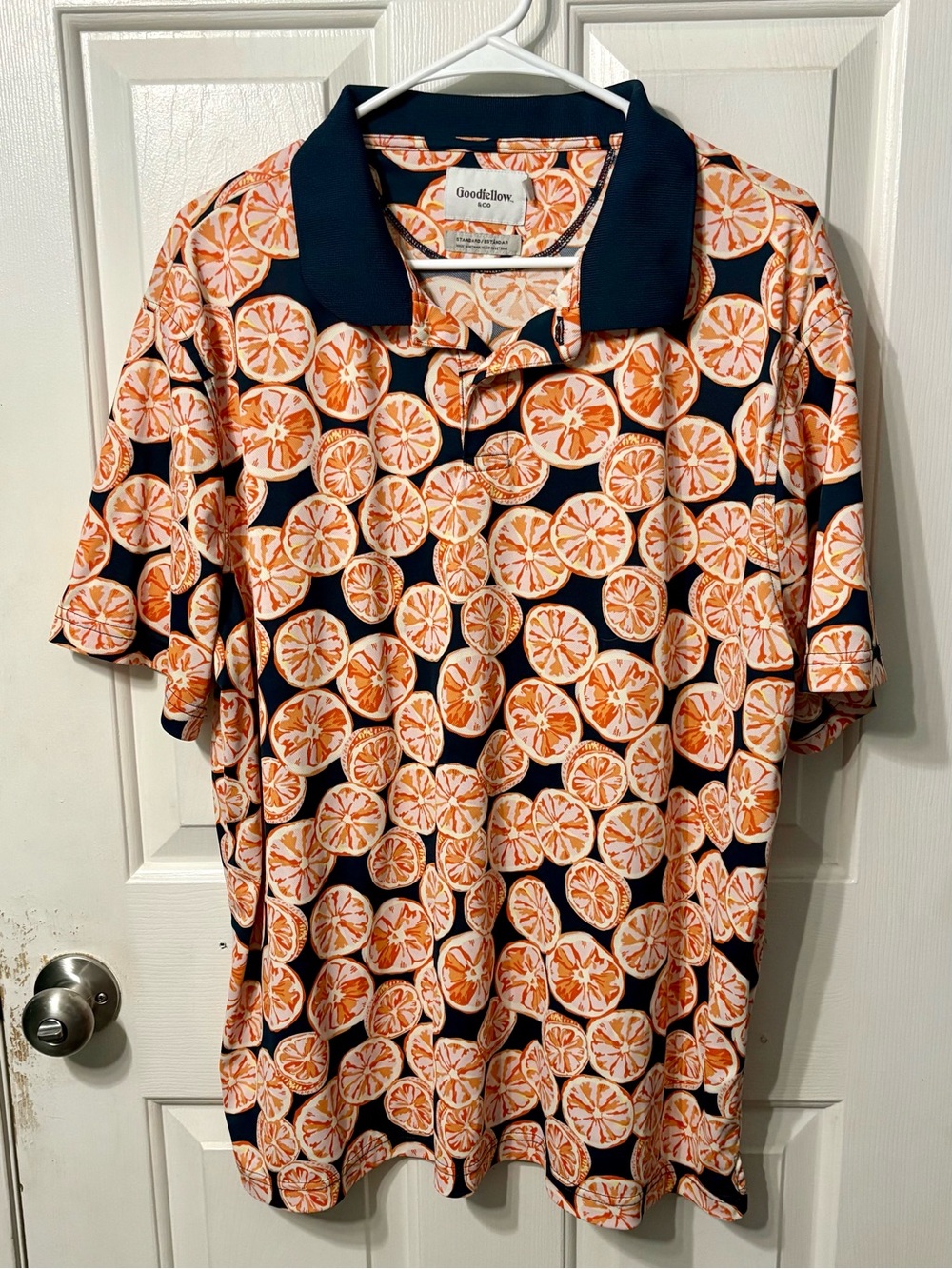 Goodfellow & Co Navy Polo with Orange Citrus Print